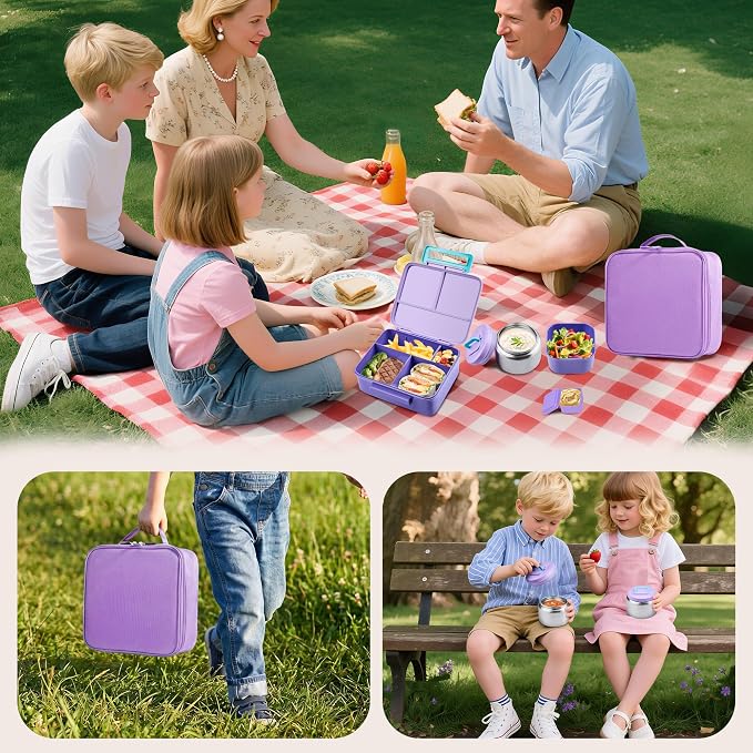 Bento Lunch Box for Kids with Thermo, Leakproof Bento Box with 8oz Insulated Food Jar, Lunch Bag, BPA Free Dishwasher Safe 4 Compartment Container for School Girls Boys (Purple)