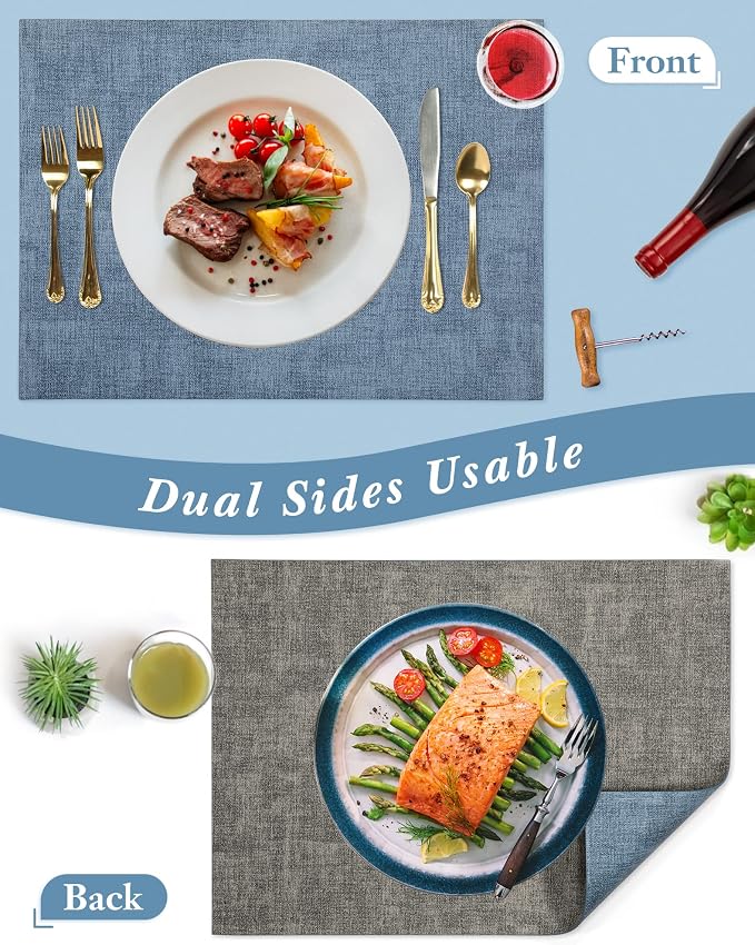 Leather Placemats Table Mats Set of 6, Denim Blue & Smoky Gray | Reversible Non-Slip Table Placemats, Heat-Resistant and Waterproof for Dining Kitchen and Holiday Parties