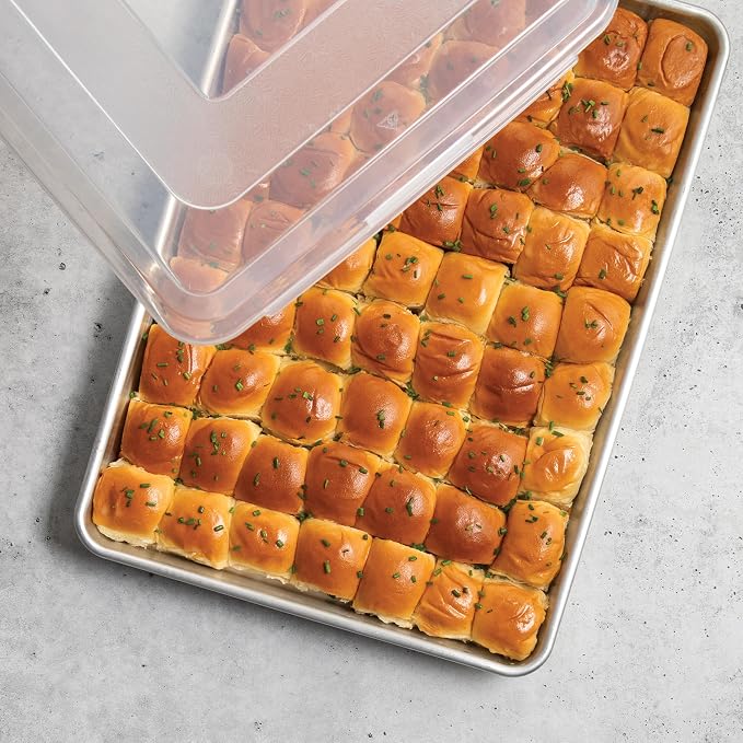 Nordic Ware Extra Large High-Sided Baking Pan, 21.1 x 15 x 2 inches, XL Big baking pan Natural Uncoated Aluminum, Reinforced Steel Rim Prevents Warping, Big Batch with Lid