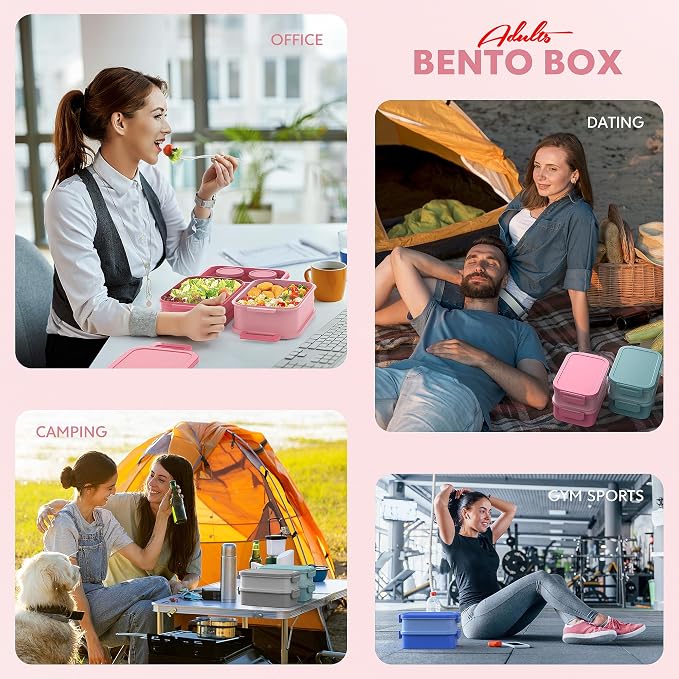 Bento Lunch Box for Adults - 3 Layers Leak-Proof Stackable Bento Box for Adults, 72oz Large-Style All-in-One Adult Lunchbox Bento Box with Utensil Accessories for Dining Out,Work, Pink