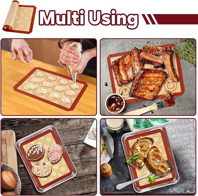 P&P CHEF 8.6 Inch Silicone Baking Mat, 2Pcs Non-stick Silicone Oven Mats | Reusable Baking Supplies for Macaroon Pastry Bread Dough Cookie Pizza, Good for Roasting Kneading, Fit Well with Sheet Pan