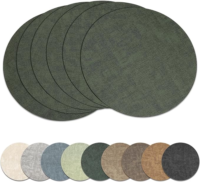 13" Round Placemats Set of 6, Reversible Faux Leather Wipeable Table Mats | 2mm Vinyl Heat Resistant, Waterproof Oilproof Scratch Proof Non-Slip, Washable for Kitchen Dining Indoor Outdoor (Dark Green)