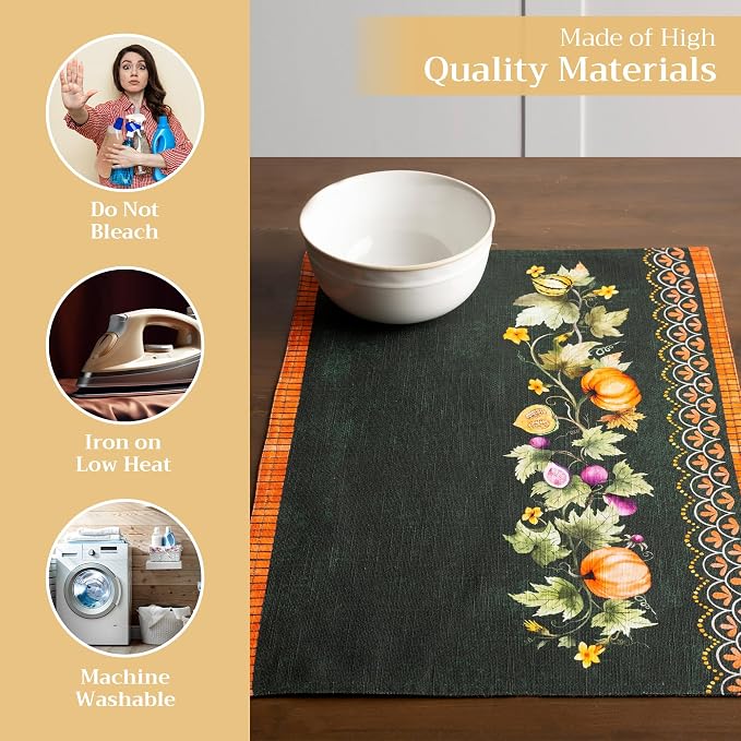 Maison d' Hermine Placemats Set of 4 Reusable 100% Cotton (13"x19") | Cloth Place Mats Washable Table Mats for Kitchen Dining Party Hotel Home Thanksgiving Christmas - Pumpkin Garden - Dark Green