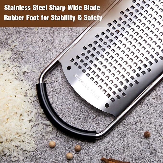 Tomorotec Stainless Steel Cheese Grater w/Wood Handle for Parmesan Cheese | Cheese Grater Zester for Lemon, Ginger, Cheese, Potato, Natural Wood Handle with Non-Slip Rubber Foot, 304 Stainless Steel