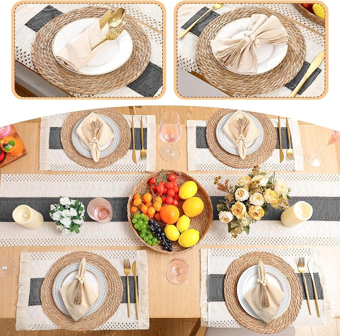 6 Sets Boho Decoration Placemats Round Woven Placemats, Cloth Napkins, Wood Bead Napkin Rings, Long Table Runner and Farmhouse Burlap Cotton for Table Kitchen (Gray,12x72)
