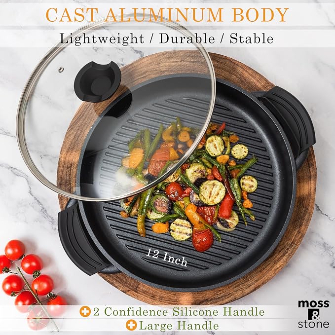 Moss & Stone 12" Grill Pan for Indoor Cooking, Nonstick Pan with Glass Lid | Aluminum Griddle Pan for Stove Top & Induction, Glass Lid, Silicone Handles, Dishwasher & Oven Safe, PFOA Free
