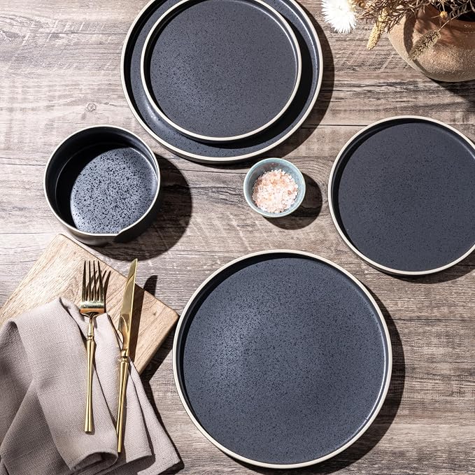 LERATIO Stoneware Dinnerware Sets for 6,18-Piece Matte Plates and Bowls Set | Handmade High Edge Rim ceramic Dish Set,Oven & Microwave,Dishwasher Safe,Scratch Resistant-Speckeld Black