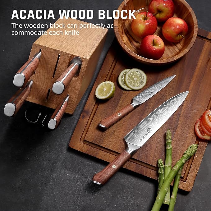 YOTSUBA 8 PCS Japanese Kitchen Knife Set with Block, Ultra Sharp Knives Set | Ergonomic Premium Natural Rosewood Handle, High Carbon Stainless Steel, Full Tang Construction, Poke-Proof Construction
