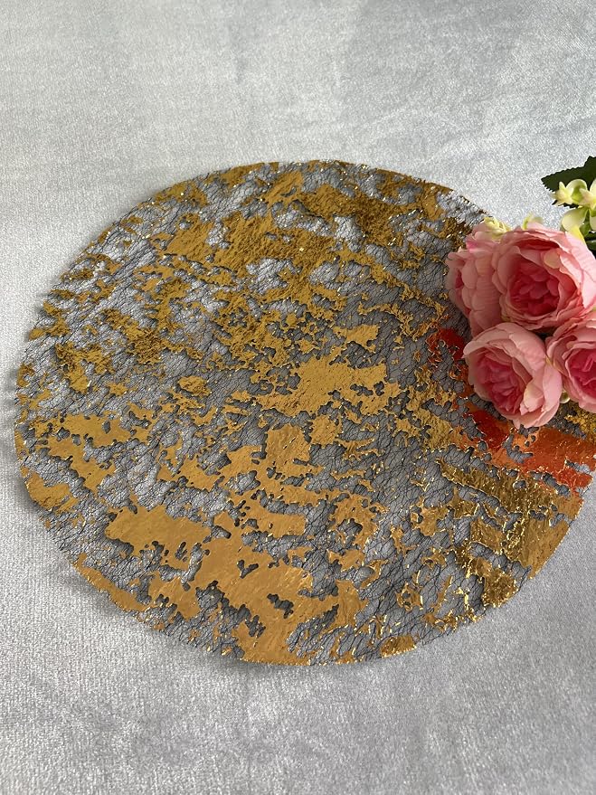 Disposable Black and Gold Placemats Set of 100 Metallic Thin Round 13 Inch Gold Doilies Mesh Pressed Fall Table Placemates 100 Pack Charger Plates for Wedding, Birthday Party