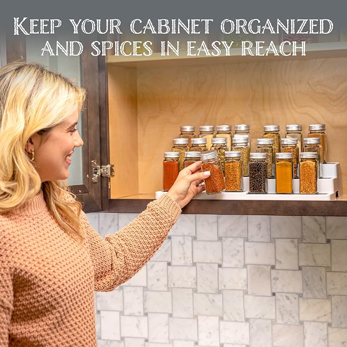 Oizeir Plastic 3-Tier Expandable Spice Rack, Adjustable Length, Stability with Non-Skid Shelf, For Easy Visibility, Organizer for Kitchen Cabinet, Pantry or Countertop, (2-Pack), White/Grey | Expandable Plastic Spice Rack Organizer, Adjustable Length 3...