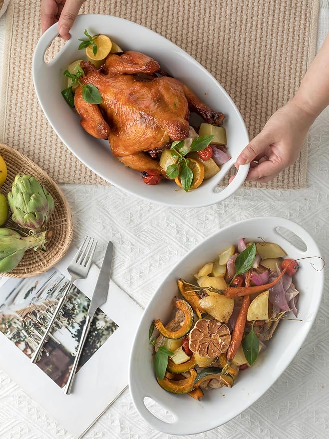 YHOSSEUN Large Serving Bowl with Handles, Oval Serving Platter Set of 2 | Thanksgiving Serving Dishes for Entertaining, Ceramic Salad Bowls Set, 1.5 Quarts, White, Microwave Dishwasher Oven Safe