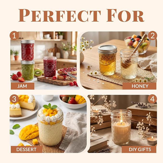 CycleMore 12 Pcs 8oz Clear Glass Mason Jars With Silver Separable Lids, Mini Glass Jars, Small Canning Jars for Gift Honey, Jam, Jelly, Wedding Favors, Kitchen Food Storage