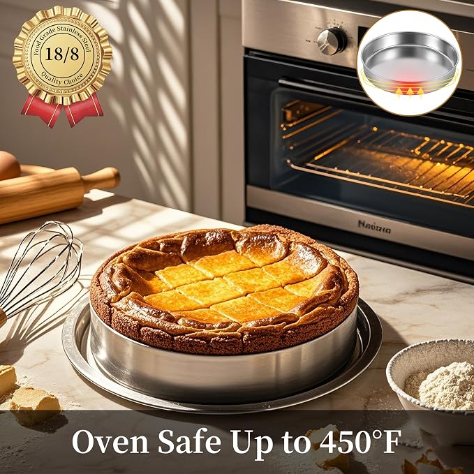 Inqibee 8-9.5 Inch Round Cake Pan Set, Stainless Steel Textured Bottom | Tri-ply Stainless Steel, Rolled Rim Layer Cake Bakeware, Oven & Dishwasher Safe, Healthy Non-Toxic for Birthday Wedding Cake