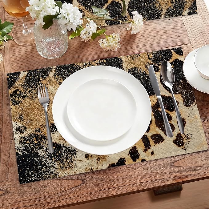 Vintage Leopard Print Fabric Placemats,Gold Glitter Table Placemats Set of 6 Cloth Place Mats, Washable Heat-Resistant Table Mats for Home Kitchen Dining Room Decoration 11.8x17.7 Inch