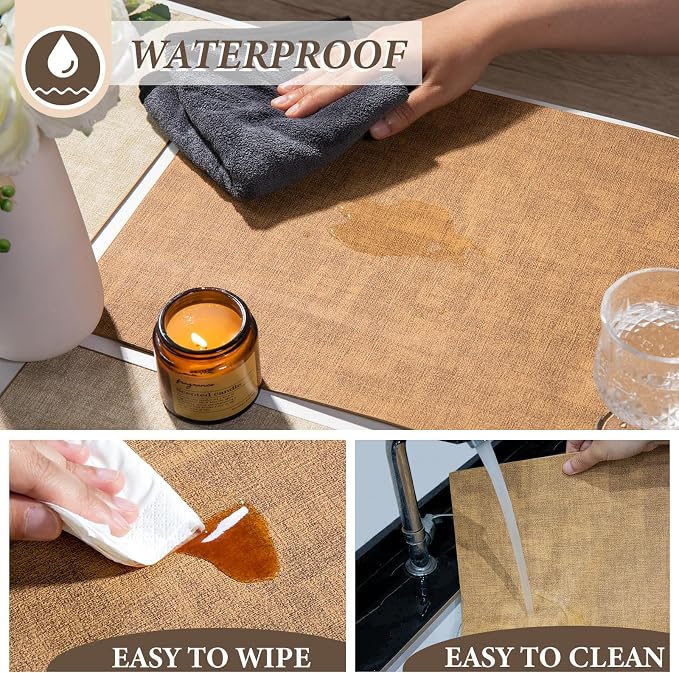Leather Placemats Table Mats Set of 6, Camel and Beige | Reversible Non-Slip Table Placemats, Heat-Resistant and Waterproof for Dining Kitchen and Holiday Parties