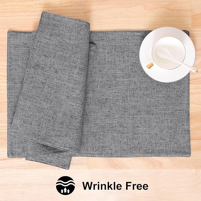Faux Cotton Linen Placemats Set of 4, Cloth Washable Farmhouse Dining Table Mats for Indoors & Outdoors, Easy to Clean, Dark Grey, 13 x 19 Inch