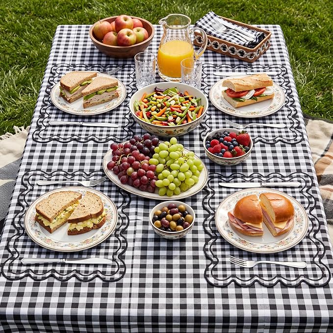 Linen Placemats Set of 12 Scalloped Placemat 13 X19 Wavy Embroidery Double Layered Washable Farmhouse Dinner Fabric Table Mat Napkin for Wedding Party Restaurant(Plaid,Black and White)