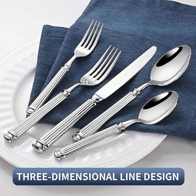 45-Piece 18/10 Heavy Duty Flatware Set for 8, High End Thick Handle Silverware Set, Stainless Steel Flatware Set with Serving Utensil, Extra Thick Heavy Weight, Ideal for Gift