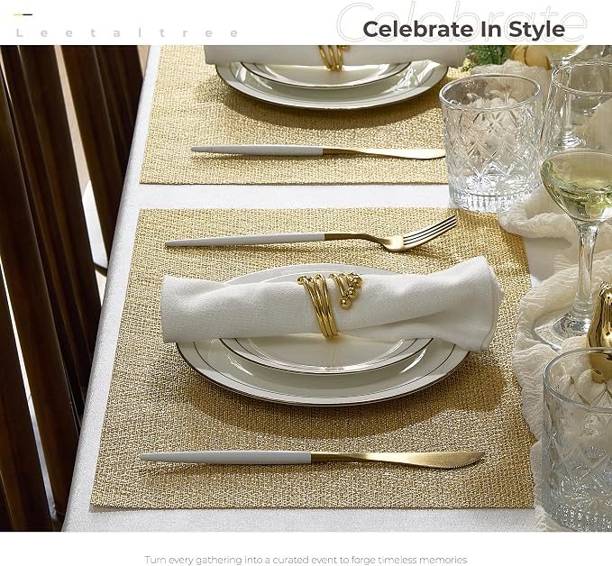 Leetaltree Gold Placemats Set of 4 - Heat Resistant Non-Slip Place mats for Dining Table, Washable Durable PVC Vinyl Woven Table Mats(Luxury Gold, 4)