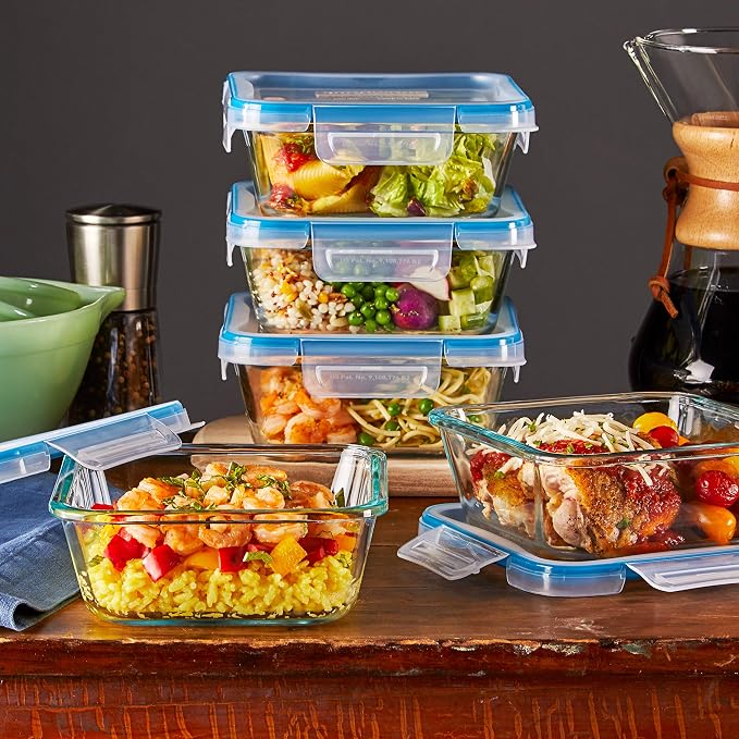 Snapware Glass Total Solutions (5-Pack, 4 Cup) Food Storage Containers Set | Airtight & leakproof plastic locking BPA-free lids, freezer, dishwasher, microwave safe