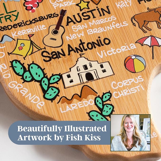 Totally Bamboo Texas State Shaped Cutting Board, Art by Fish Kiss | State charcuterie board with colorful hand-drawn map artwork. Smooth reverse side for food prep. Hang tie for wall display.