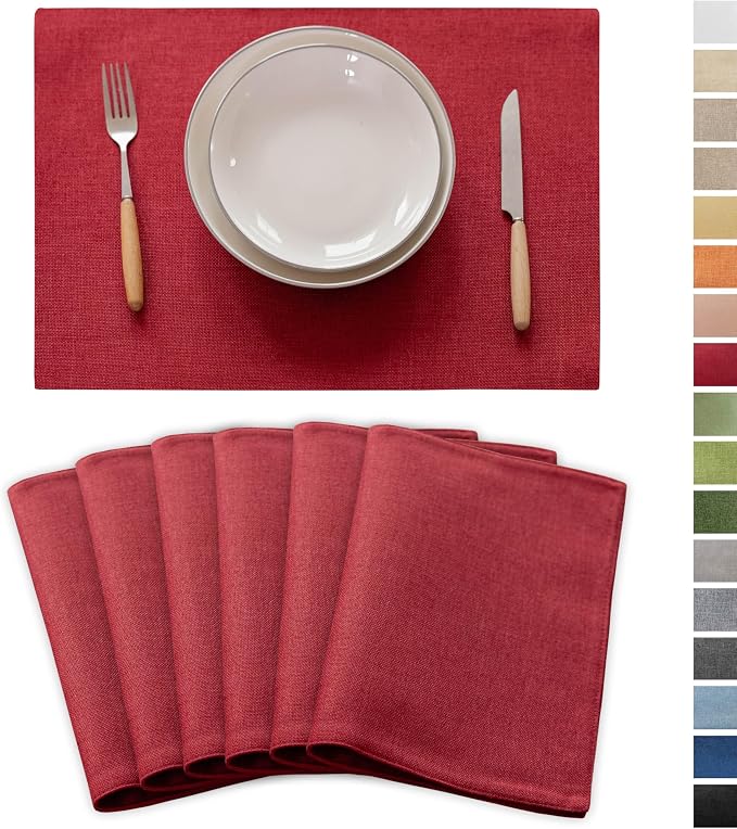 Demetex Placemats Set of 6 Red Linen Wipeable Place Mats Heat Resistant Cloth Placemats for Dining Table Restaurants Holiday, 13 x 19 inches, Wine Red