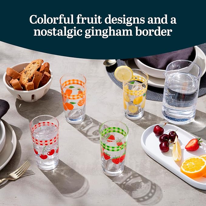 Libbey Vintage Juice Drinking Glasses Set of 4, Colorful, Retro Fruit Design Glass Cups Set, Dishwasher Safe Water Glasses Set for Everyday Beverages