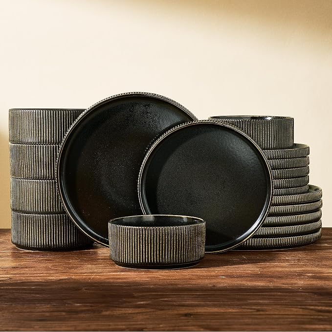 Dinnerware Set for 6, Ceramic Ribbed Plates, Bowls, Dishes | 18-Piece Stoneware Dinner Sets, Handmade Reactive Glaze, Microwave & Dishwasher Safe, Chip & Scratch Resistant, Black Gold