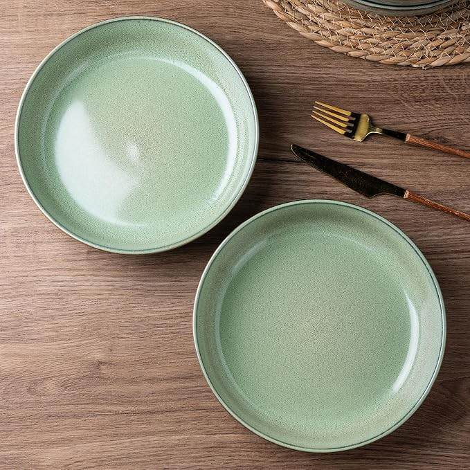 GBhome 8.75'' Large Ceramic Pasta Bowls, 38oz Stoneware Pasta Serving Bowls Set of 4 for Kitchen, Wide Bowls for Fruit,Pasta,Salad,Oatmeal,Meal, Microwave Safe, Reactive Glaze-Pastel Green