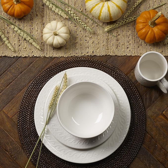 Pfaltzgraff Sylvia Dinnerware Set 32-Piece Service for 8 - White Porcelain Dinner Plates, Salad Plates, Soup Bowls and Mugs with Embossed Scrollwork
