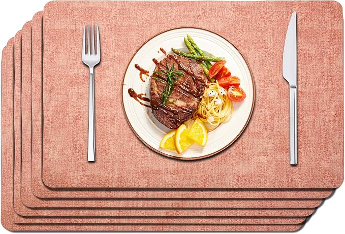 Maxpearl Faux Leather Placemats Set of 6, Easy to Clean, Peachy Pink | Waterproof - Heat Resistant - Non Slip - Wipe Clean Dining Table Place Mats, Suitable for Indoor & Outdoor Use, 17''×12''