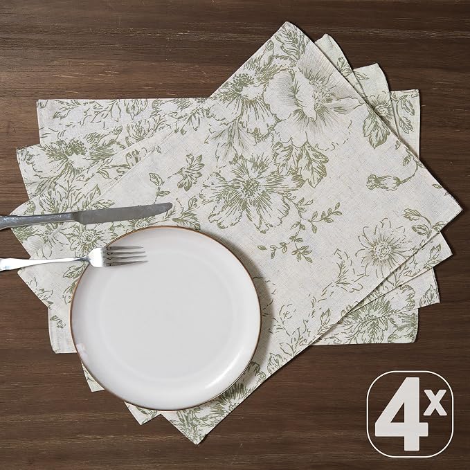 JINCHAN Alice Linen Floral Placemats Set of 4 Farmhouse 13x19 Inch Green | Fabric Placemats, Cottage Style, Floral Line Art, Machine Washable, Easy to Store, Reusable