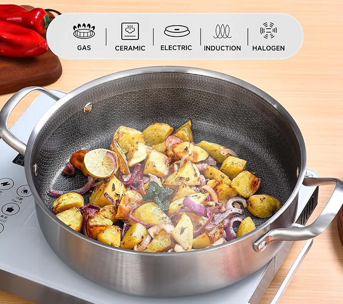 Inqibee 3 QT Saute Pan with Lid, 10 Inch Deep Frying Pan, Riveted Handle | Hybrid Ceramic Nonstick Cookware, Tri-Ply Stainless Steel Pan, PFOA Free, Induction Cooking Pan, Dishwasher and Oven Safe