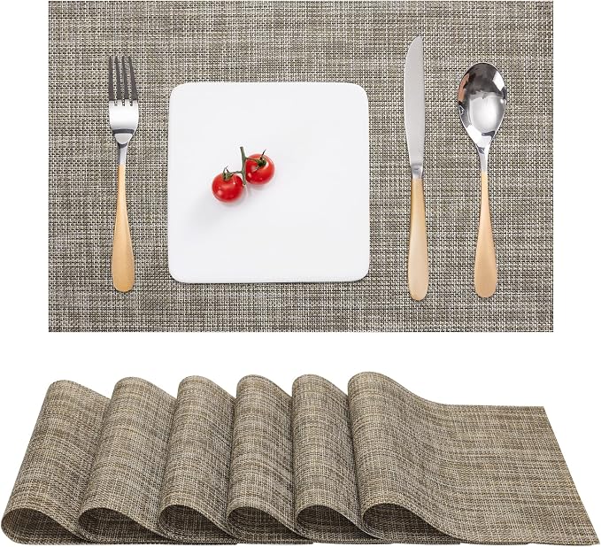Myir JUN Placemats Set of 6 Kitchen and Dining Table Placemats | Vinyl Placemats Place Mats Indoor/Outdoor Set of 6 Washable Table Mats Non-Slip Place mats for Dining Table, Caramel
