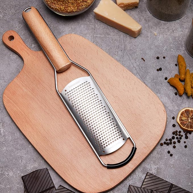 Tomorotec Stainless Steel Cheese Grater w/Wood Handle for Parmesan Cheese | Cheese Grater Zester for Lemon, Ginger, Cheese, Potato, Natural Wood Handle with Non-Slip Rubber Foot, 304 Stainless Steel