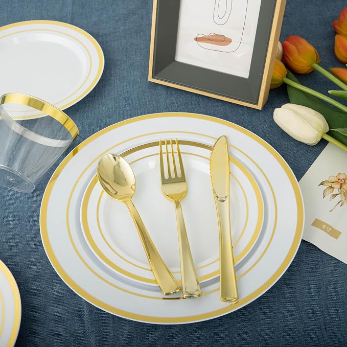 600PCS White and Gold Plastic Plates, Disposable Dinnerware Set | 100 Dinner & Dessert Plates, Forks, Spoons, Knives, Cups, Heavy Duty, Gold Rim, 100 Guest, for Wedding Birthday Party