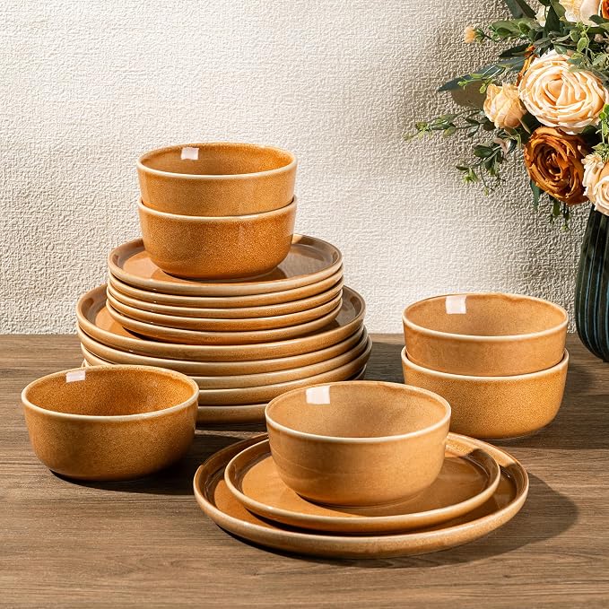 GBHOME Dinnerware Sets for 6, 18 Pieces Ceramic Plates and Bowls Set | Scratch Resistant Stoneware Dishes Set, Dishwasher & Microwave Safe, Reactive Glaze-Amber