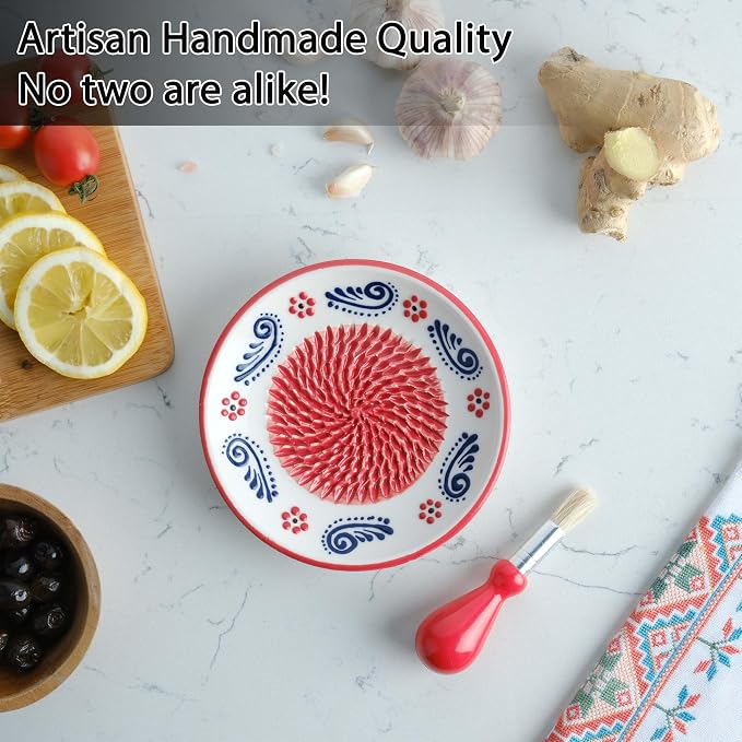 Ceramic Garlic Grater Plate - Handmade 4 Pcs Press - Natural Grinder - Decorative Mincer - Ginger, Cheese Grater - Hand Dish (Apple Red)