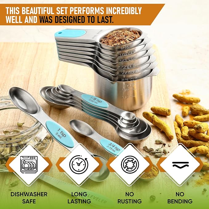 Spring Chef Magnetic Measuring Cups & Spoons Set of 16, Patented, Aqua Sky | Stackable Stainless Steel Measuring Cups & Heavy Duty Metal Measuring Spoons with Levelers for Dry & Liquid Ingredients