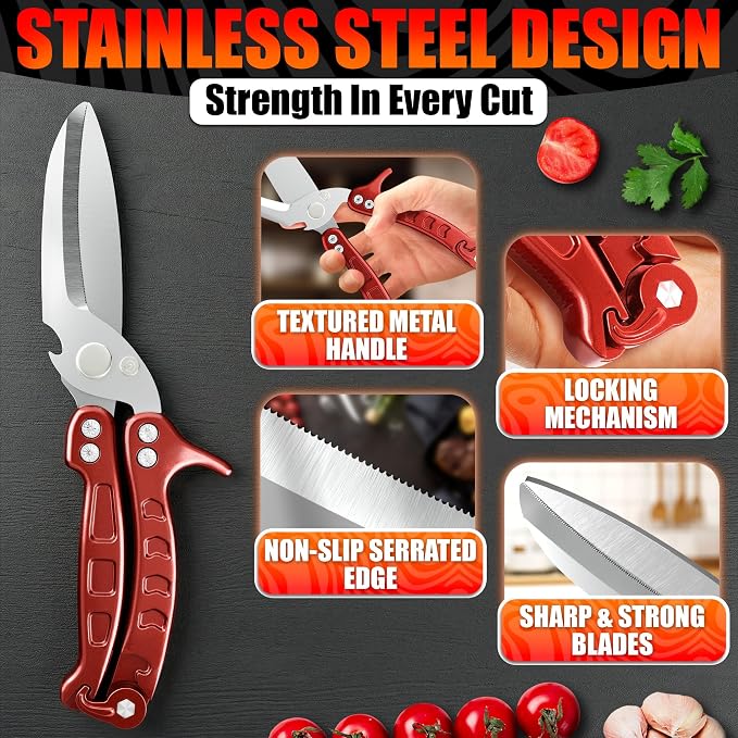 Kitchen Shears Heavy Duty, Safety Lock, Stainless Steel (Red) | Poultry Shears for Chicken, Turkey, Spatchcock, Fish; Bone Cutting Scissors, Micro-Serrated, Spring-Loaded, Separate to Clean