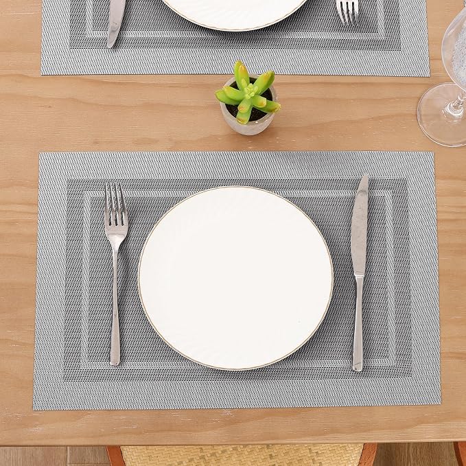 SHACOS Woven Vinyl Placemats Set of 4 Wipe Clean Place Mats for Dining Table Heat Resistant PVC Weave Table Mats Indoor Outdoor (4, Frame Grey)