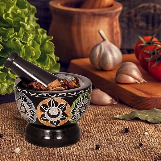 Mortar and Pestle, Made of Heavy Duty Polished Hard Stone, Natural Stone Grinder for Spices, Pastes, Herbs, Seasoning etc. (Black with Mix Color)