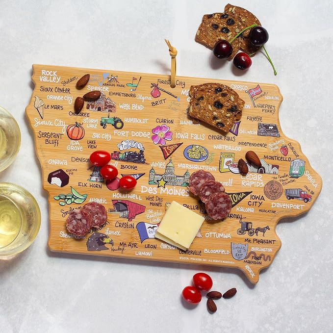 Totally Bamboo Iowa State Shaped Cutting Board, Art by Fish Kiss | State charcuterie board with colorful hand-drawn map artwork. Smooth reverse side for food prep. Hang tie for wall display.