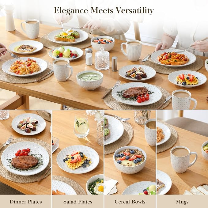 MALACASA 16 Pieces Dinnerware Set, Farmhouse Style Stoneware Plates and Bowls Sets for 4, Embossed Boho Ceramic Dish Set with Mugs, Microwave & Dishwasher Safe, Series LYDIA