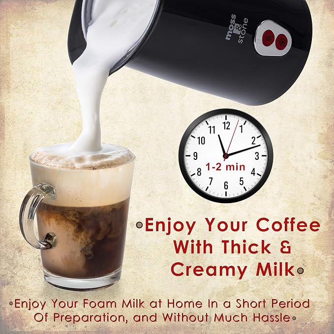 Moss & Stone Electric Milk Frother, Stainless Steel Milk Steamer & Milk Warmer, Automatic Shutoff, Non-Stick Interior, Cool Touch, 9.4 oz/6.0oz Capacity, Black Electric Frother for Hot Chocolate