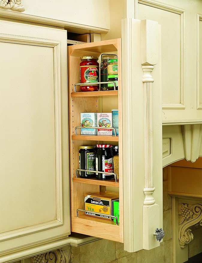 Rev-A-Shelf Kitchen Cabinet Pullout Wall Filler Wooden Organizer Slide Out Pantry Storage w/Soft-Close in Multiple Sizes, 6 x 33 in, 432-WFBBSC33-6C