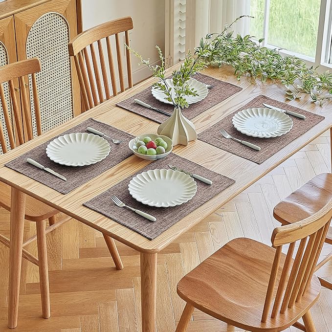 Softalker Faux Linen Placemats Set of 4-12 x 18 Inch, Heat Resistant Double Layered Durable Burlap Farmhouse Place Mats, Non-Slip Washable Rustic Table Mats for Dining, Kitchen, Party,Natural Linen