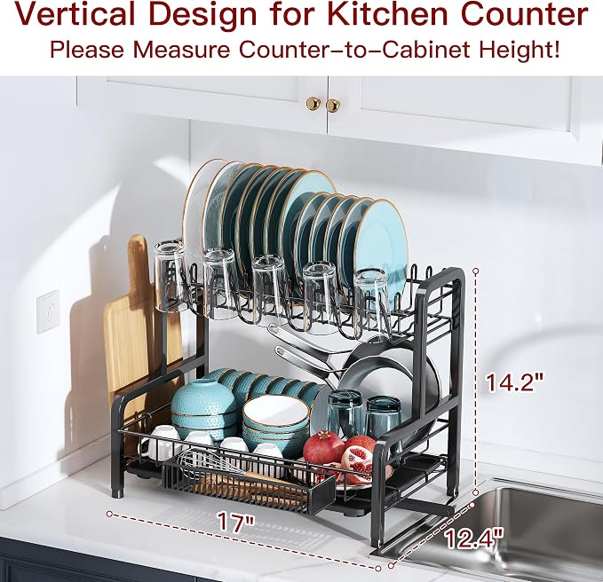 2 Tier Black Stainless Steel Dish Drying Rack for Kitchen Counter | Large Capacity Dish Drainer with Drainboard, Cup & Utensil Holder, Space Saving Rustproof Metal Plate Rack, Fast Drain