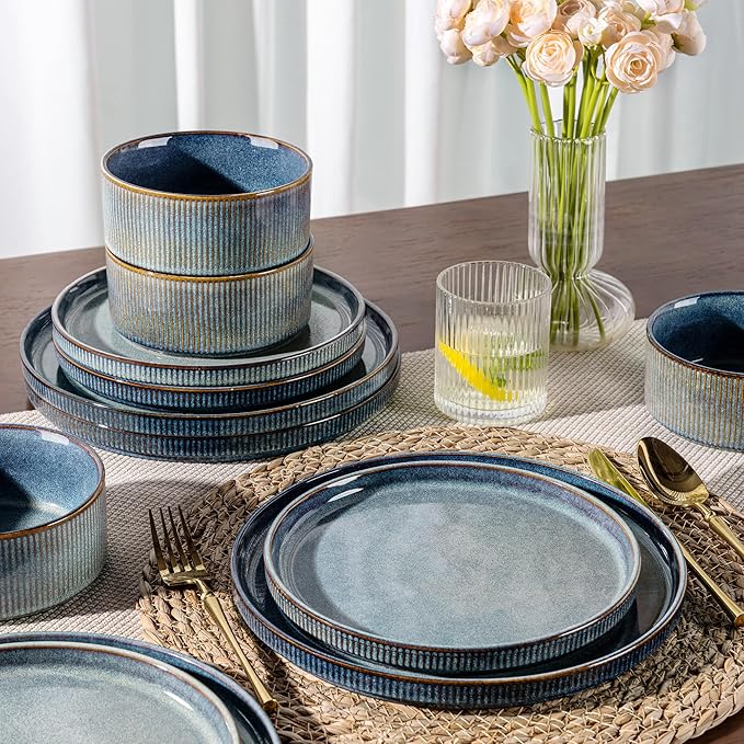GBHOME Stoneware Dinnerware Sets for 6, 18-Piece Plates and Bowls Set | Handmade Reactive Glaze Ceramic Dish Set, Scratch Resistant, Dishwasher&Microwave Safe,Ceylon Blue