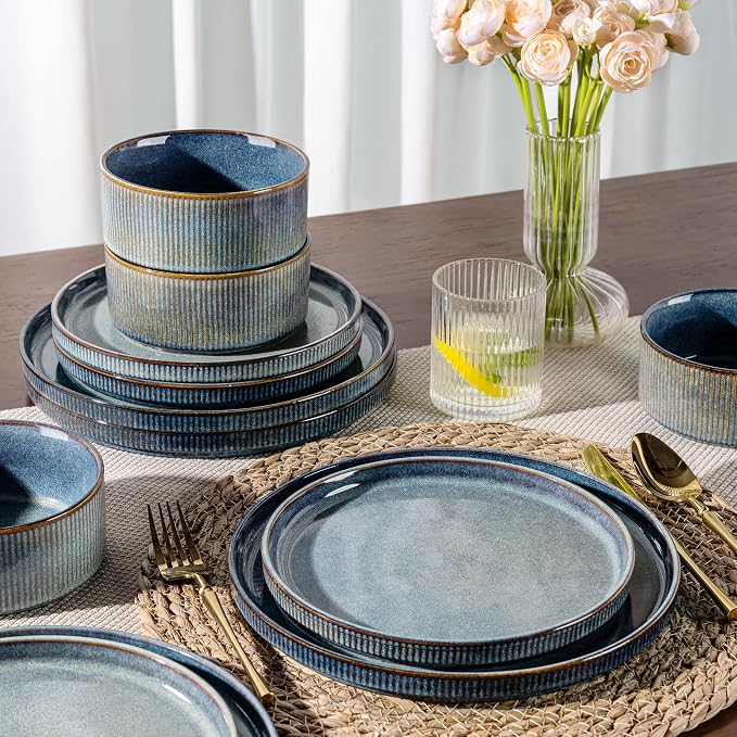 GBHOME Stoneware Dinnerware Sets for 4, 12-Piece Plates and Bowls Set | Handmade Reactive Glaze Ceramic Dish Set, Scratch Resistant, Dishwasher&Microwave Safe,Ceylon Blue